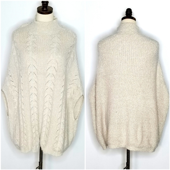 Anthropologie Akemi & Kin Eyelash Turtleneck One Size Biege Cable Knit Poncho - Picture 1 of 10